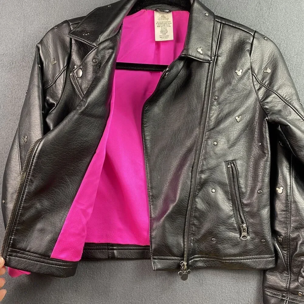 Disney Moto Zip Faux Leather Mickey Mouse Studded Jacket Size 9-10 Black Pink